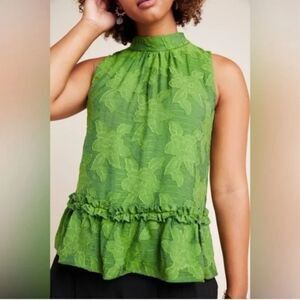 Anthro Maeve Green High Neck Sleeveless Ruffle Floral Top